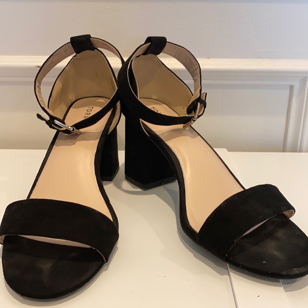 Torrid, black suede block heel sandal heels